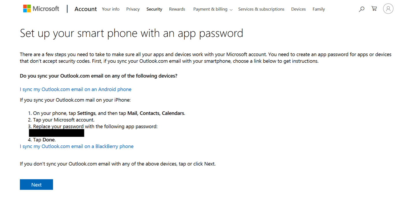 Example instructions for setting up an app password for your smart phone